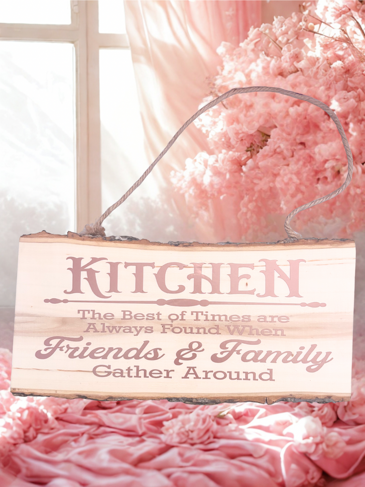 Decorative wooden sign with text 'Kitchen: The best of times are always found when friends & family gather around' on a pink floral background.