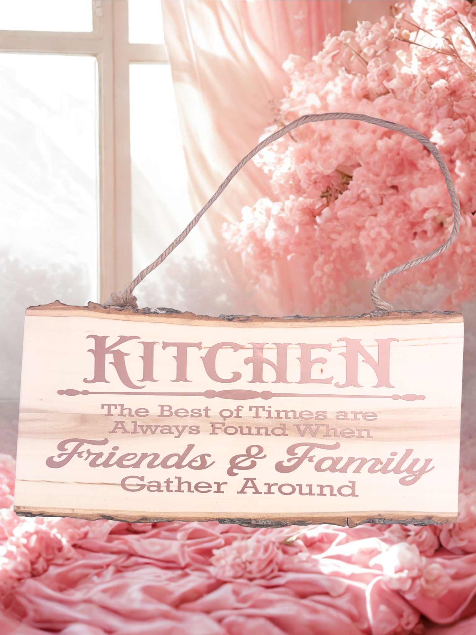 Decorative wooden sign with text 'Kitchen: The best of times are always found when friends & family gather around' on a pink floral background.