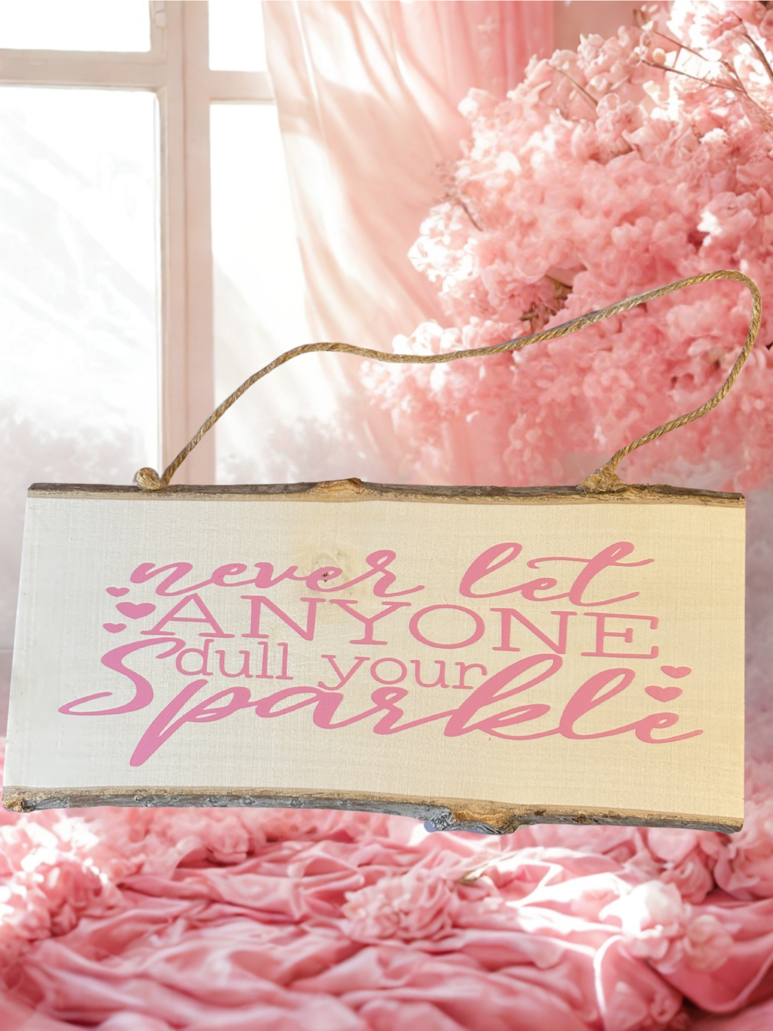 Decorative sign with motivational quote Never let anyone dull your sparkle on pink floral background