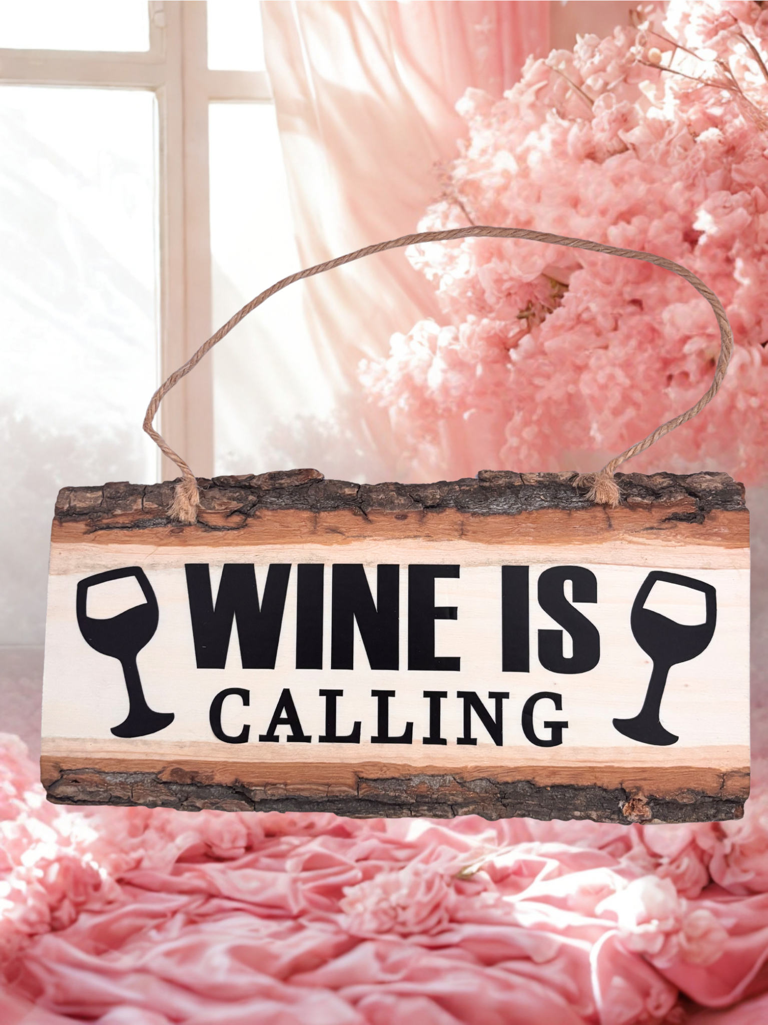 Wooden sign with 'Wine is Calling' text and wine glass icons on a pink floral background