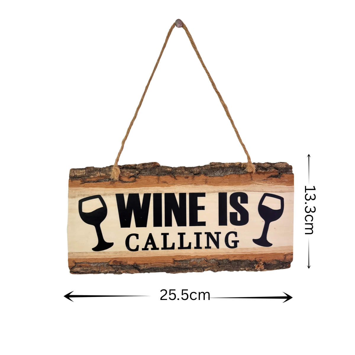 Wooden sign with 'Wine is Calling' text and measurements on a white background