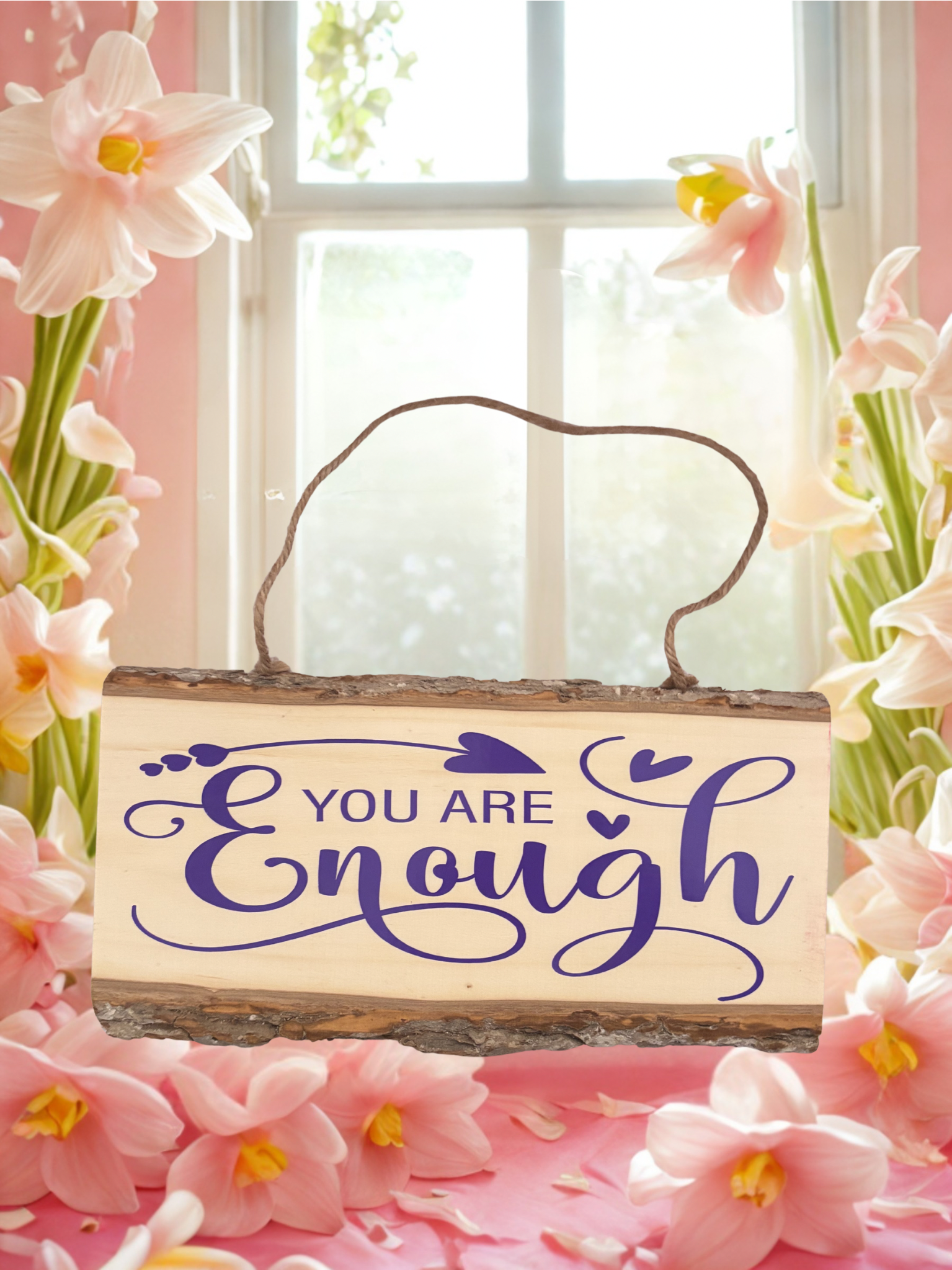 Wooden sign with 'You Are Enough' text surrounded by pink flowers in front of a window.