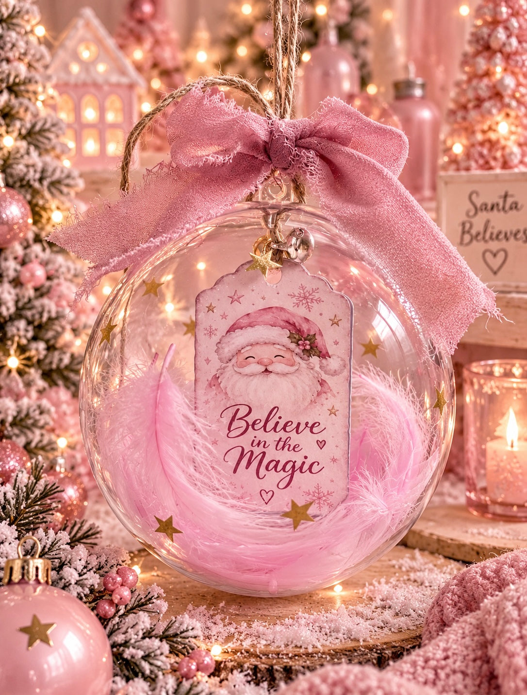 A clear round Christmas ornament hanging with a pink ribbon bow, filled with pink feathers and a printed tag that reads “Believe in the Magic” with a Santa illustration. The ornament is styled on a snowy surface with pink holiday decorations, lights, and candles in the background.