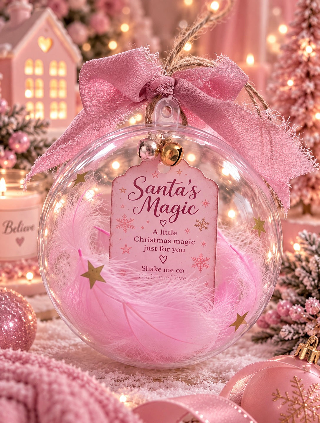 A pink Christmas ornament shaped like a clear glass ball with a large pink satin bow, gold stars, pink feathers, and a hanging tag that reads 'Santa's Magic.' The scene is styled with warm holiday lights, a small house, candles, and additional pink ornaments.