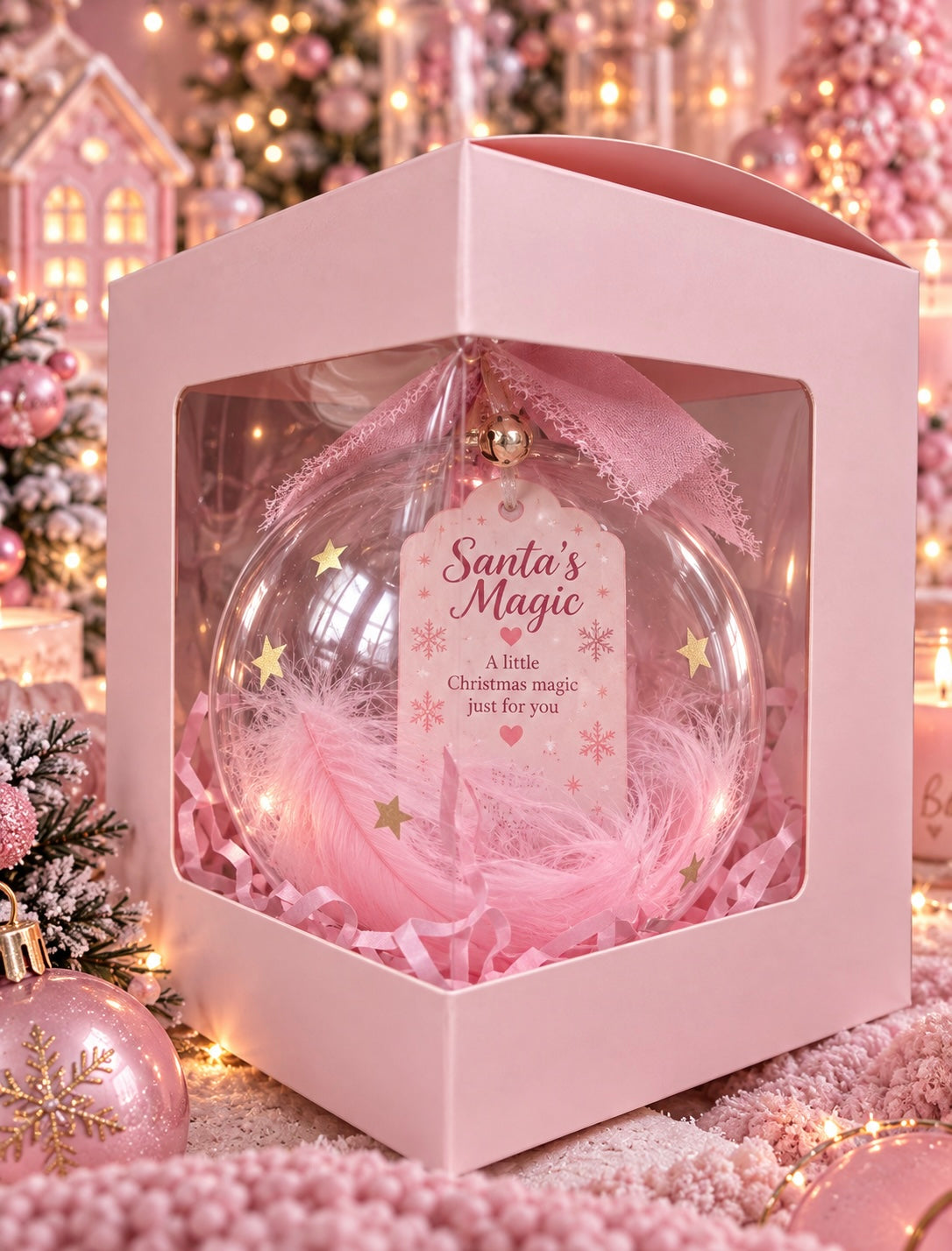 A pink gift box with a clear window displaying a round clear Christmas ornament filled with pink feathers and a pink ribbon. The ornament has a hanging tag that reads 'Santa's Magic A little Christmas magic just for you' with small gold stars.