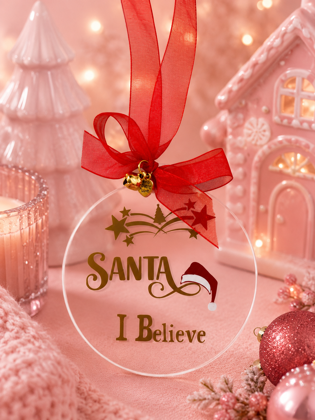 Acrylic Christmas tree ornament with a santa hat and the text Santa I believe in gold and red vinyl on a pink background