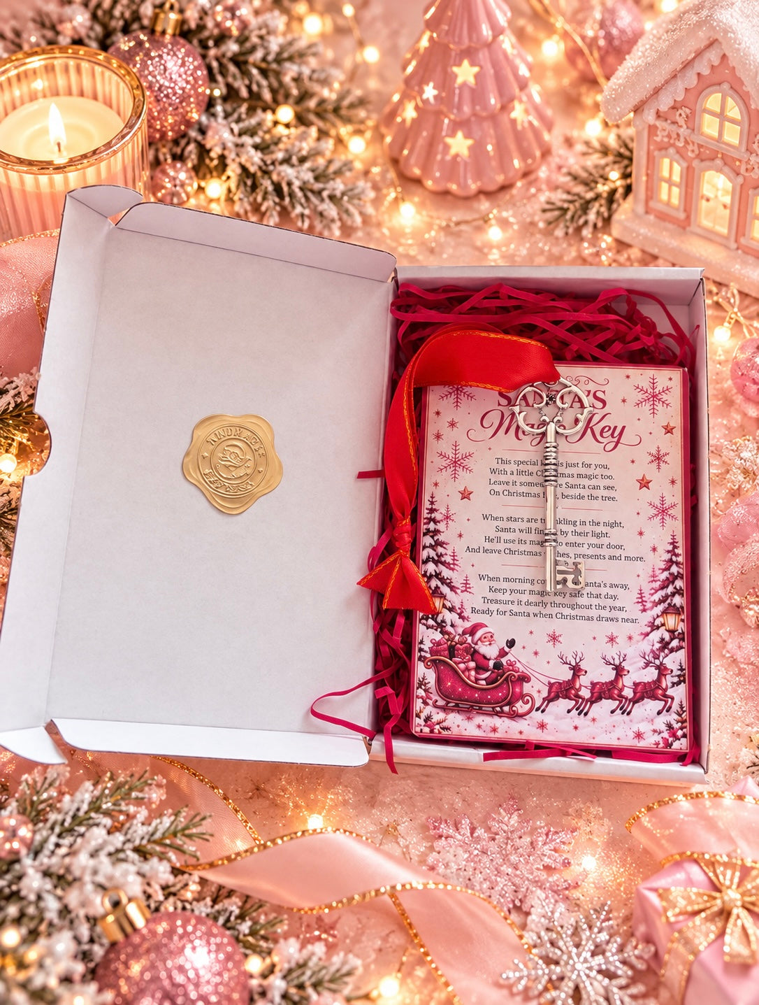 An open white gift box with a gold seal on the inside lid, containing a Christmas-themed card with a magic Santa key with red ribbon and shredded paper. The scene is decorated with warm holiday lights, ornaments, pine branches, and pink festive ornaments.
