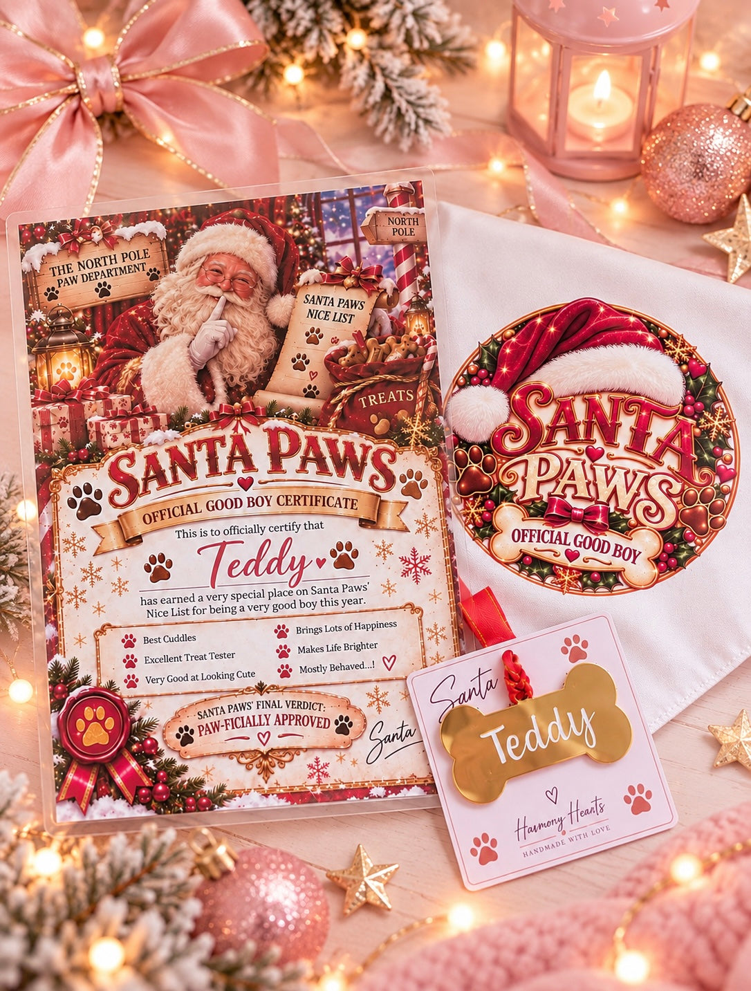 A festive Christmas-themed pet certificate set for Santa Paws, featuring a main certificate card with Santa's photo, aGood Boy bandana, a small gold bone-shaped Christmas tree ornament, on a white card, styled on a decorated holiday surface with lights and ornaments.
