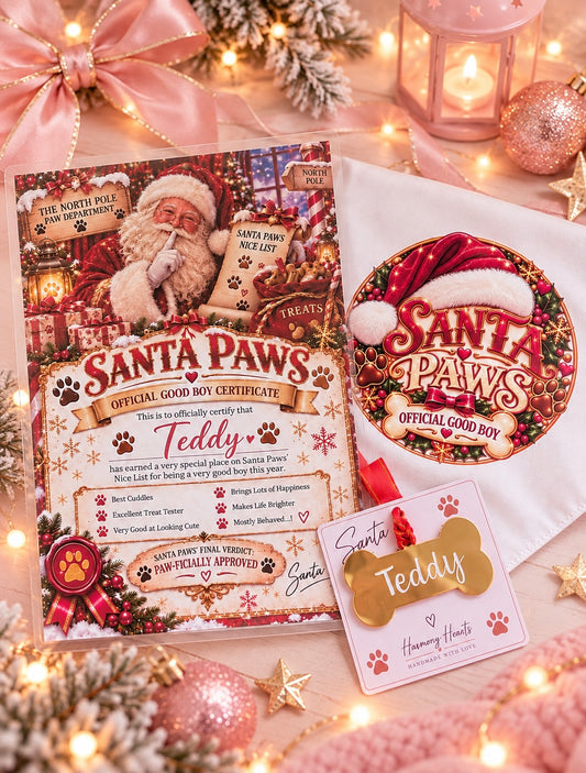 A festive Christmas-themed pet certificate set for Santa Paws, featuring a main certificate card with Santa's photo, aGood Boy bandana, a small gold bone-shaped Christmas tree ornament, on a white card, styled on a decorated holiday surface with lights and ornaments.