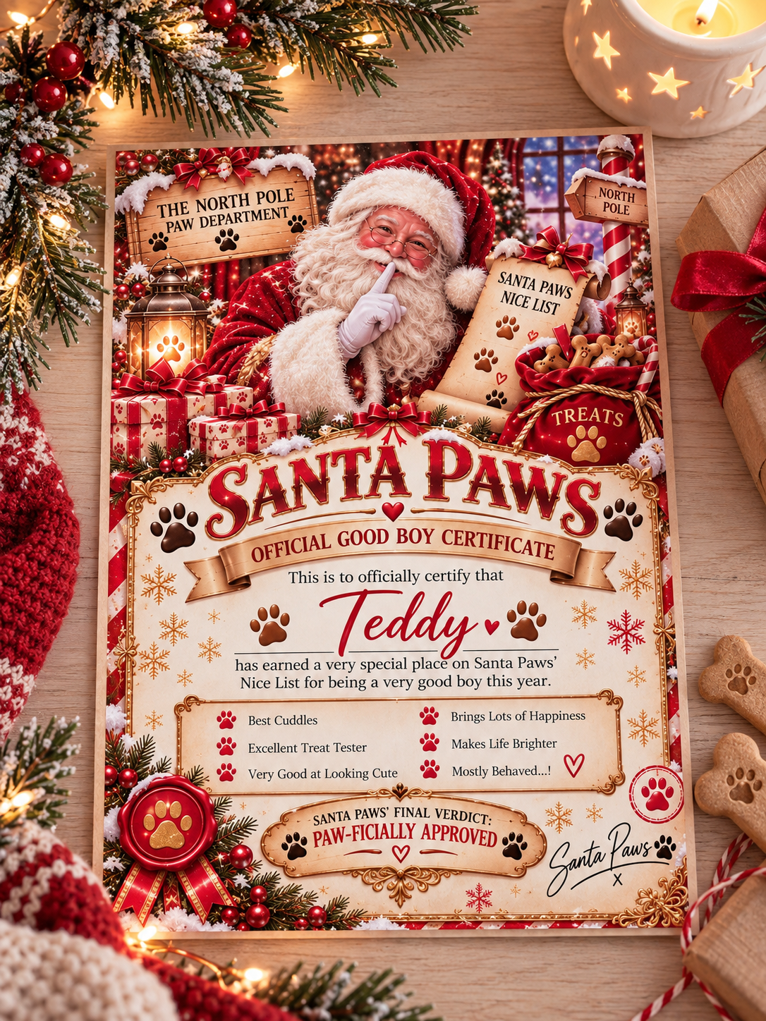A festive Santa Paws 'Official Good Boy Certificate' styled in a cozy holiday setting with Christmas lights, pine branches, a candle, and wrapped gifts on a wooden surface.