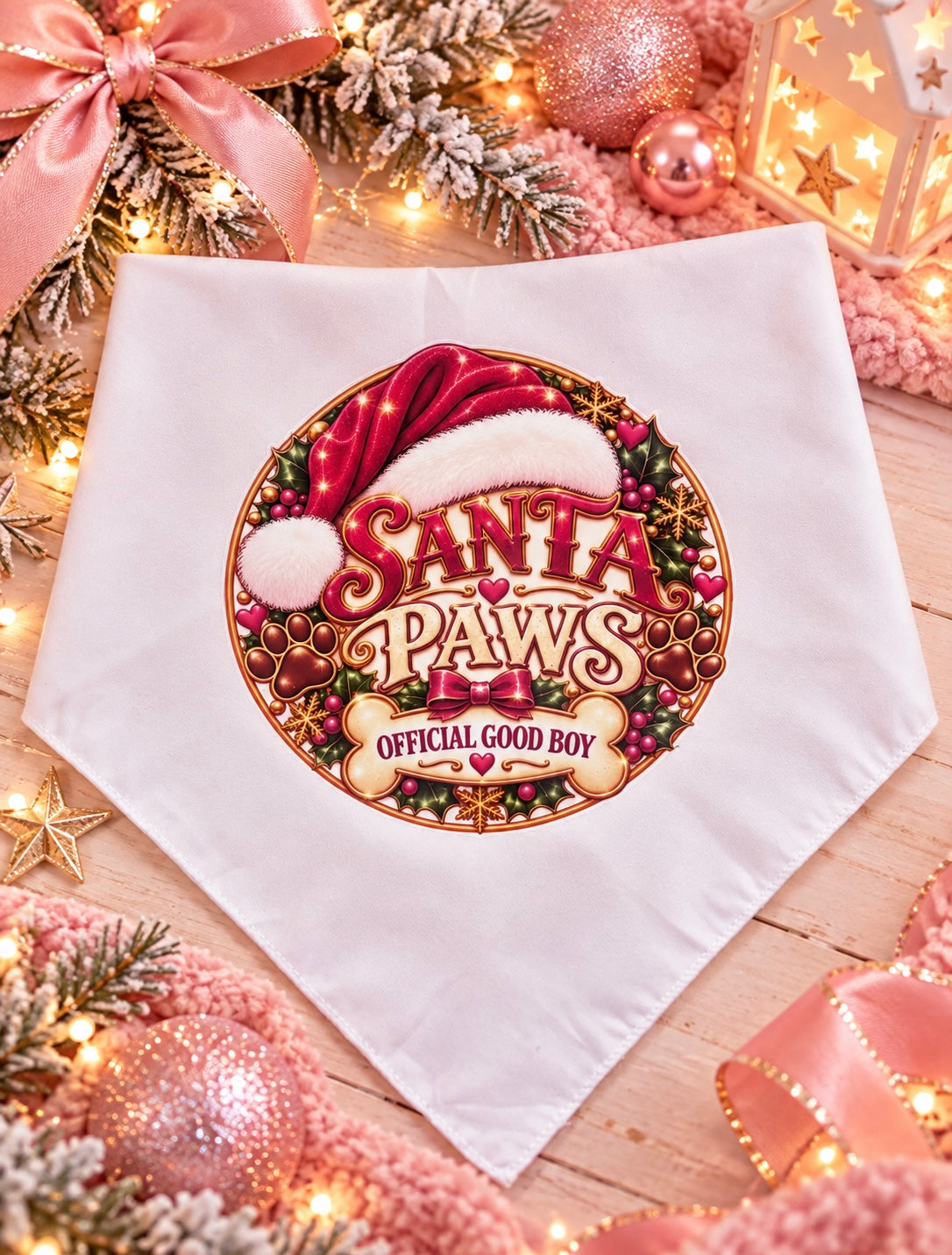 A white pet bandana featuring a circular graphic that reads 'Santa Paws Official Good Boy' with a Santa hat and holiday wreath design, styled on a wooden surface with pink ribbons, ornaments, and warm string lights.