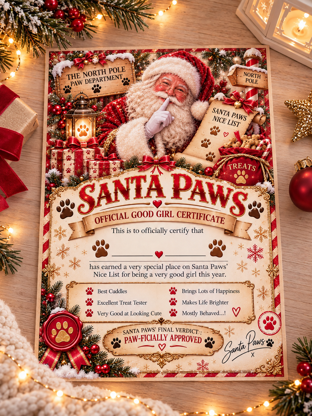 Santa Paws Official Good Girl Certificate on a festive background