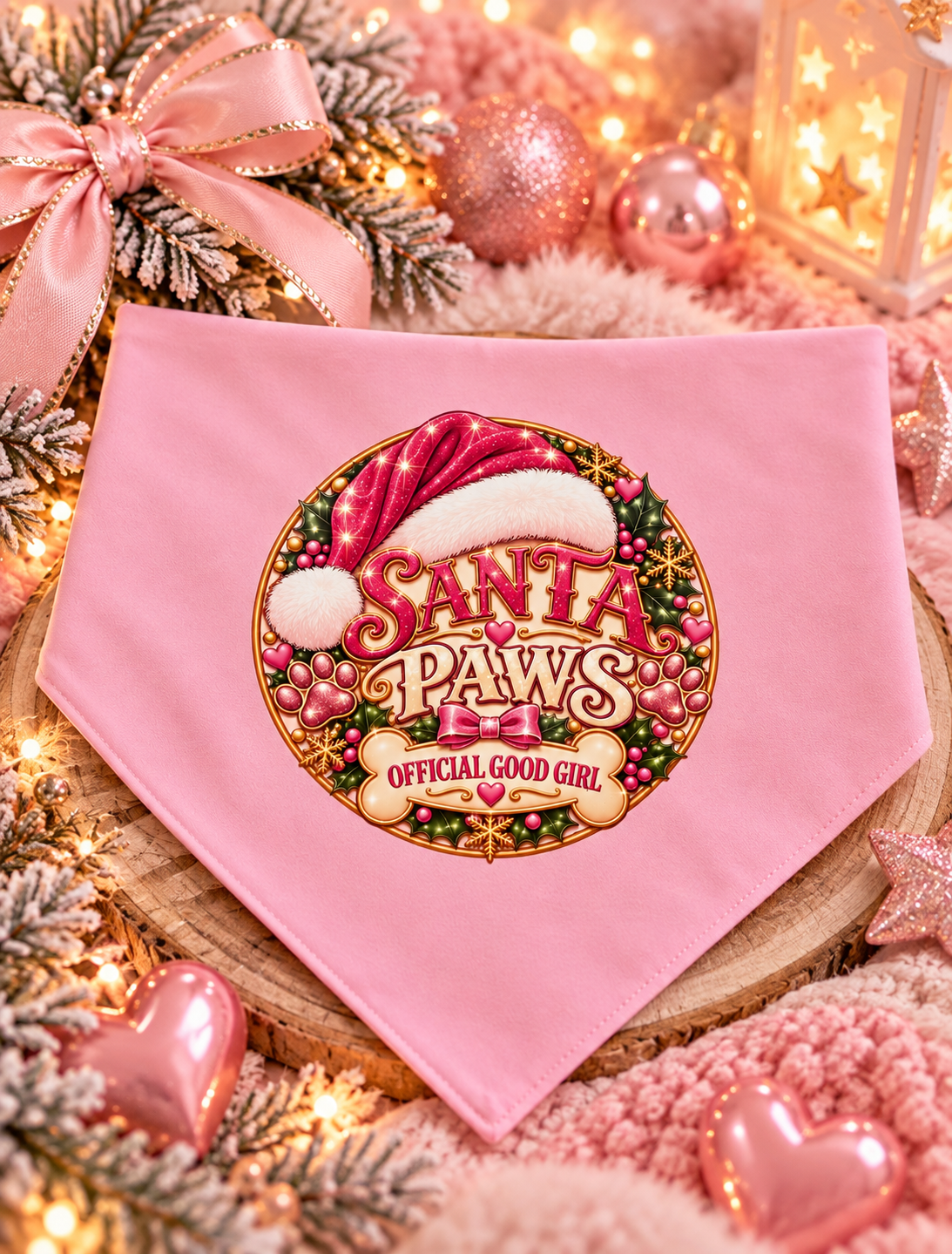 Pink dog bandana with a Santa Paws logo and official good girl on a pink festive background