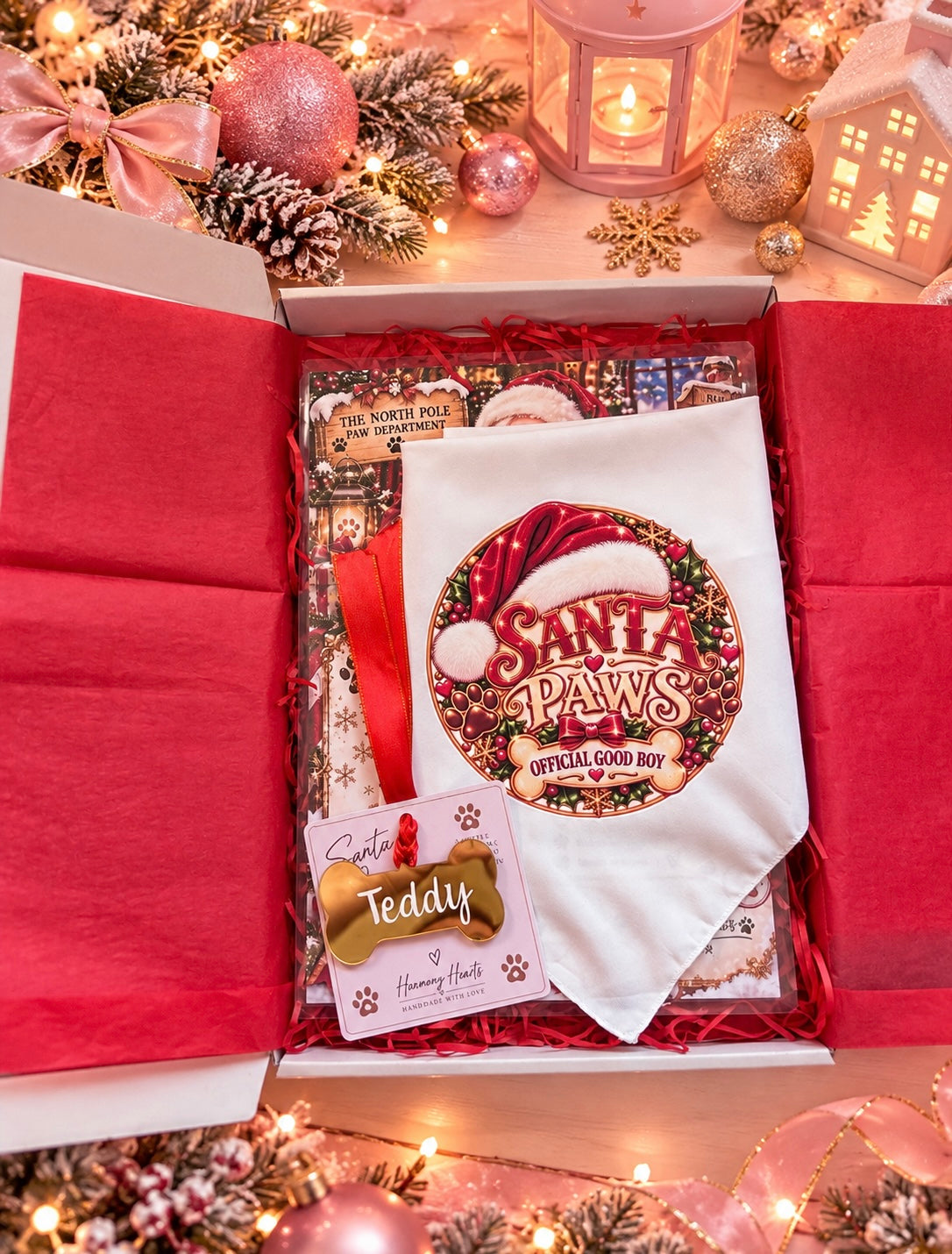 A Christmas-themed gift box filled with holiday treats and a white bandana featuring a 'Santa Paws Official Good Boy' graphic. The box is decorated with red tissue paper, red filler, and surrounded by festive lights, ornaments, and pine branches.