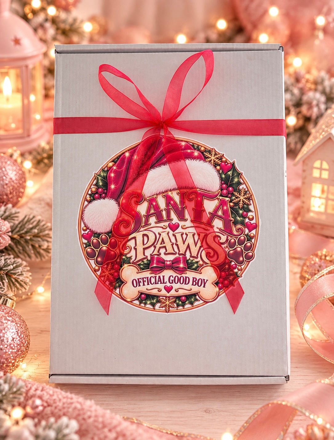 A white gift box tied with a red ribbon and bow, featuring a large round Santa-themed label that reads 'Santa Paws Official Good Boy.' The box is photographed in a festive holiday setting with warm string lights, ornaments, and pink decorative accents.