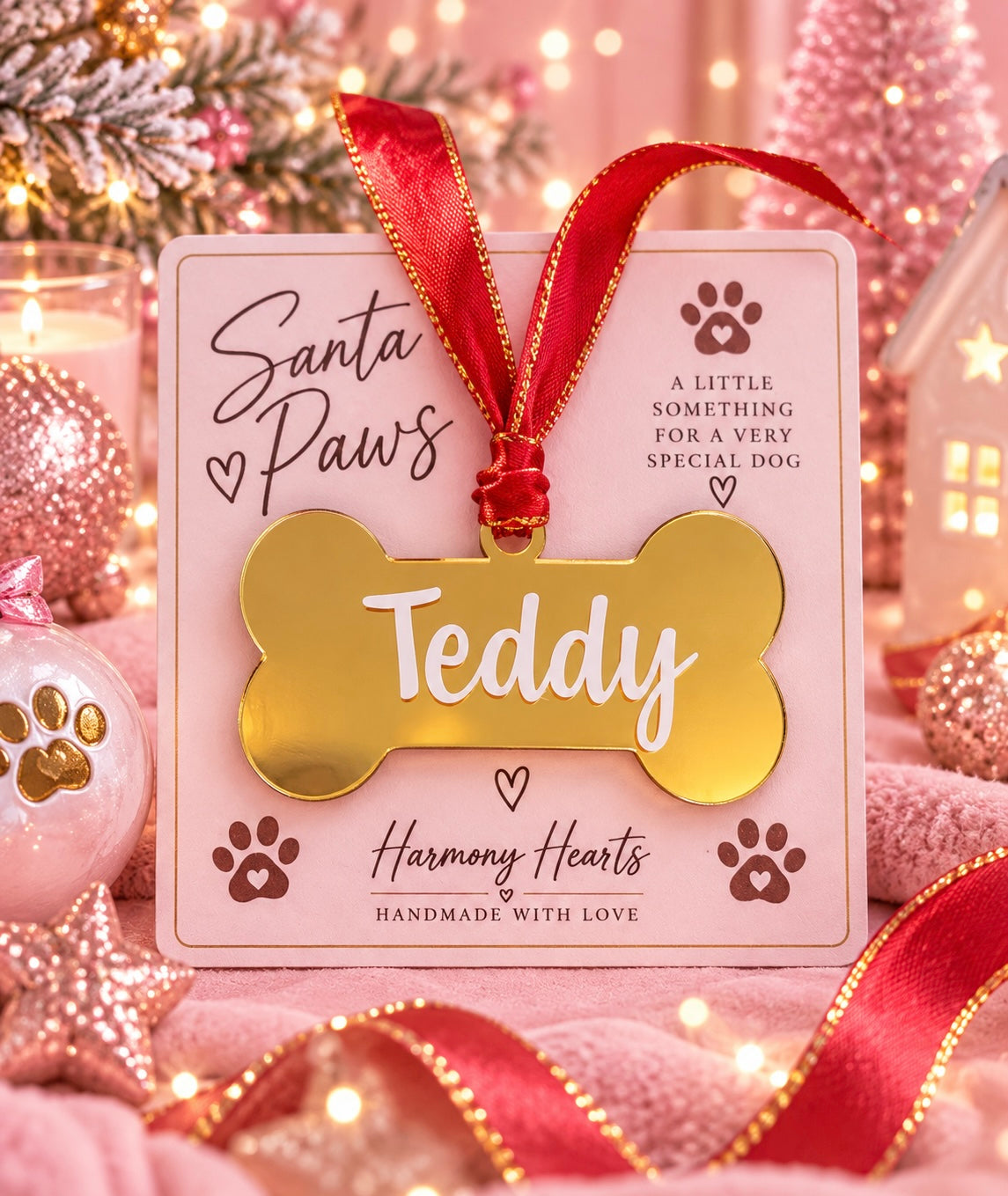 A personalized gold bone-shaped Christmas ornament for dogs, featuring the name 'Teddy' in white script, attached to a pink card that reads 'Santa Paws' and 'Harmony Hearts'. The ornament is wrapped in a red ribbon and displayed in a festive holiday setting with lights and ornaments.