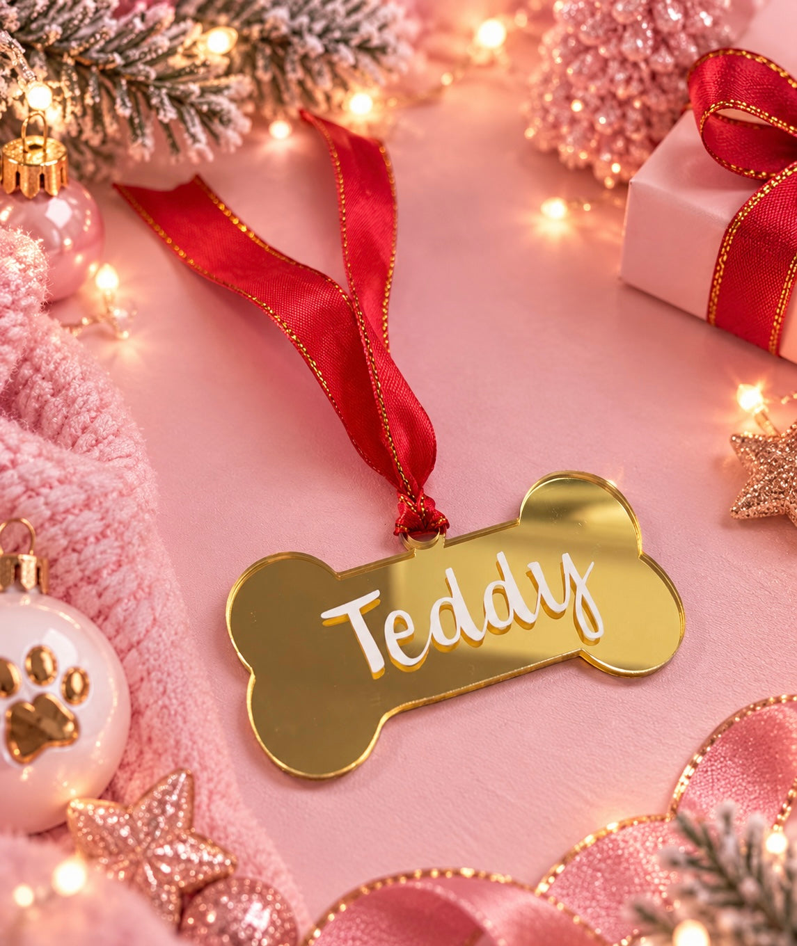 A personalized gold bone-shaped Christmas ornament with the name 'Teddy' in white script, hanging from a red ribbon. The ornament is displayed on a soft pink background decorated with festive lights, a pink knit blanket, a white ornament with a gold paw print, and a pink gift box.