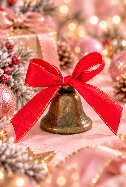 A small metallic bell tied with a large red ribbon bow, surrounded by pink holiday decorations, pinecones, glittery ornaments, and warm bokeh lights.