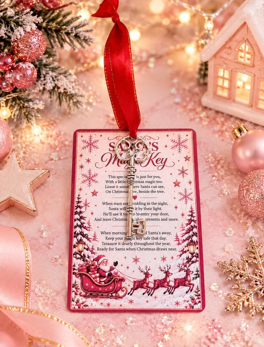 A Christmas-themed keepsake ornament shaped like a pink-framed letter with a red ribbon loop, featuring a printed poem titled 'Santa's Magic Key' and a key. The ornament is styled on a pink surface with holiday decorations, including ornaments, a star, a small house, and lights.