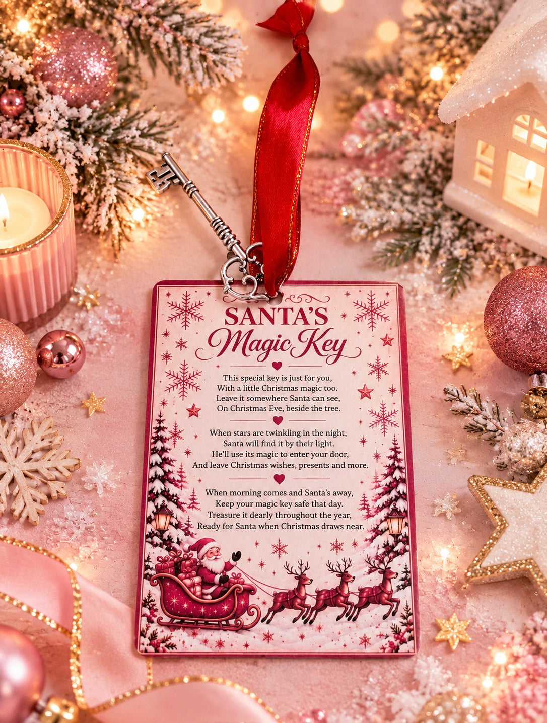 A decorative Christmas ornament shaped like a key with a red ribbon loop, printed with the text 'Santa's Magic Key' and festive illustrations, displayed on a soft pink holiday surface with ornaments, candles, and lights.