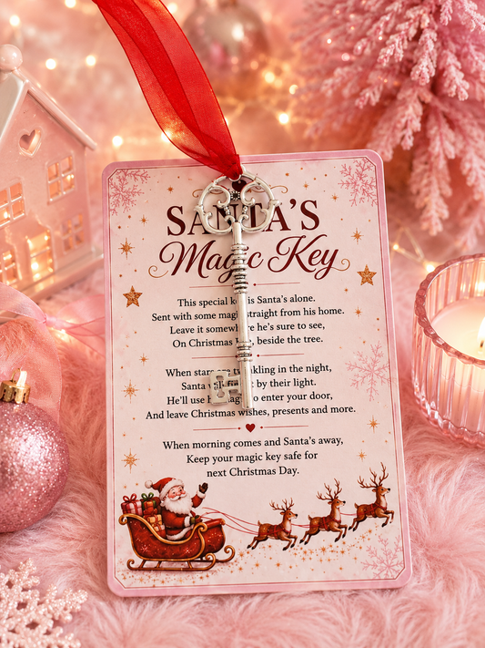 A pink Christmas ornament shaped like a Santa's Magic Key card with a red ribbon, shown in a cozy holiday setting with pink ornaments, a lit candle, and a miniature house.