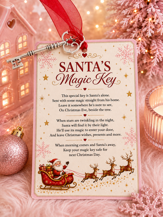 A personalized Christmas card tag designed as Santa's Magic Key, featuring a red ribbon loop, vintage key graphic, and a poem with illustrations of Santa in a sleigh and reindeer. The card is styled on a pink faux fur surface with a pink house, glittering ornament, and candle in the background.
