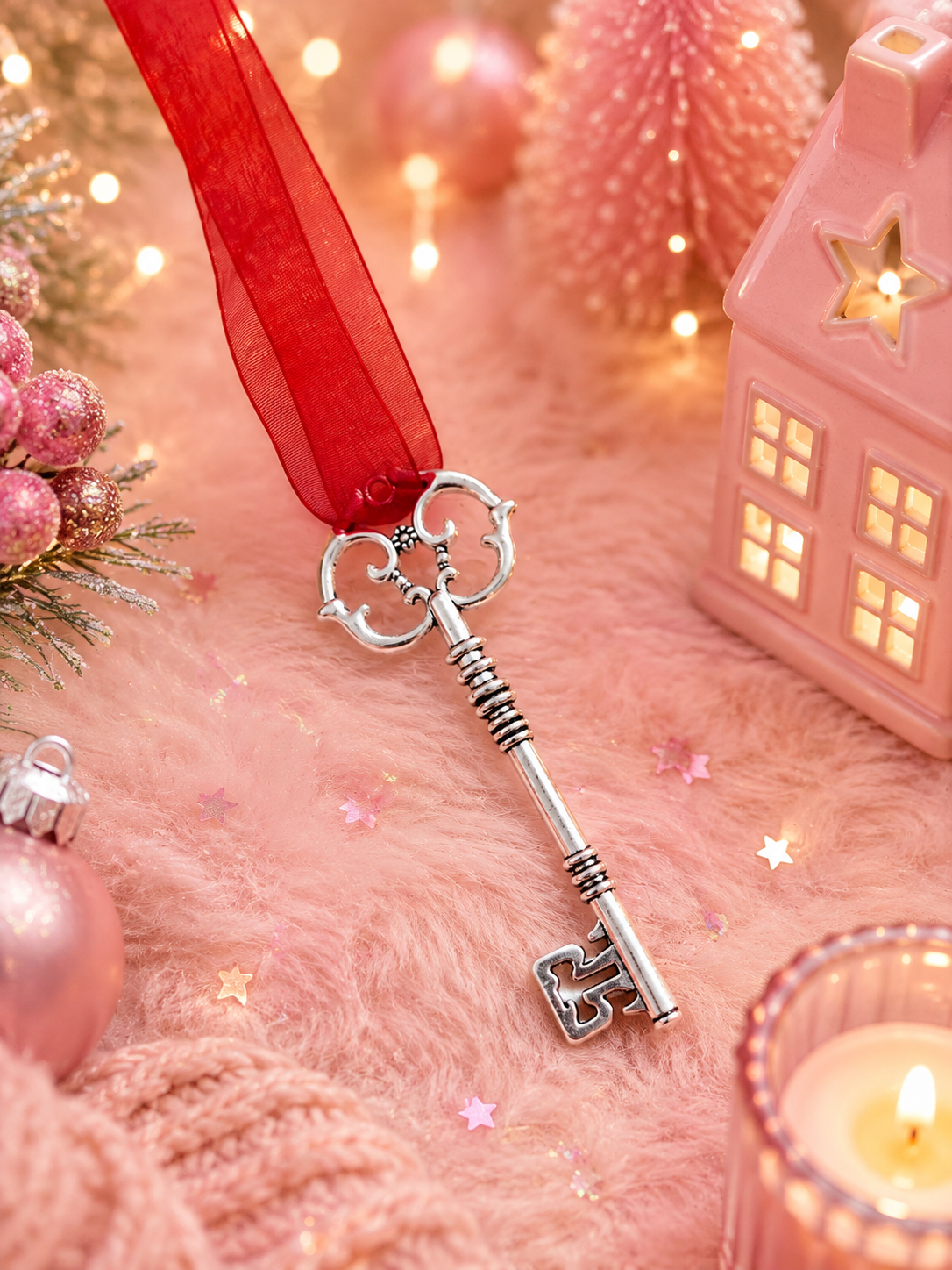 A silver key-shaped ornament with a red ribbon loop, displayed on a pink faux fur surface with holiday decorations, a pink house ornament, and a lit candle.