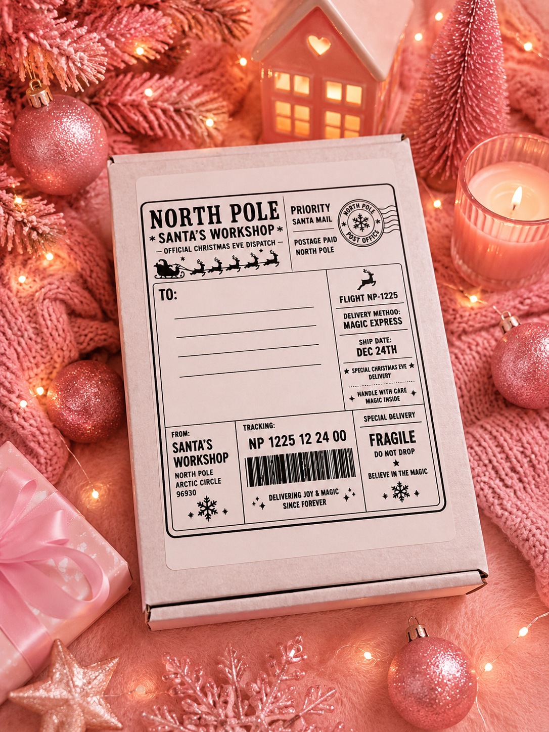A flat cardboard shipping box labeled 'North Pole Santa's Workshop' is photographed from above on a pink holiday-themed surface with ornaments, lights, a candle, and a small house decoration.