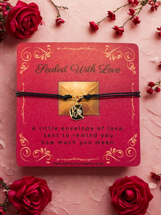 Red card with gold envelope charm bracelet and text 'Sealed With Love' on a pink floral background