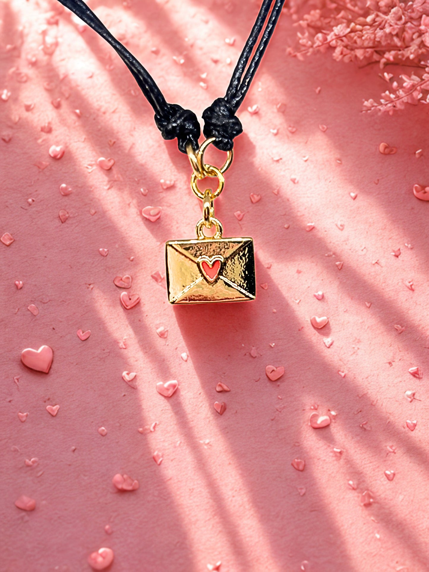 Gold envelope charm with heart on a black cord against a pink background with heart shapes.