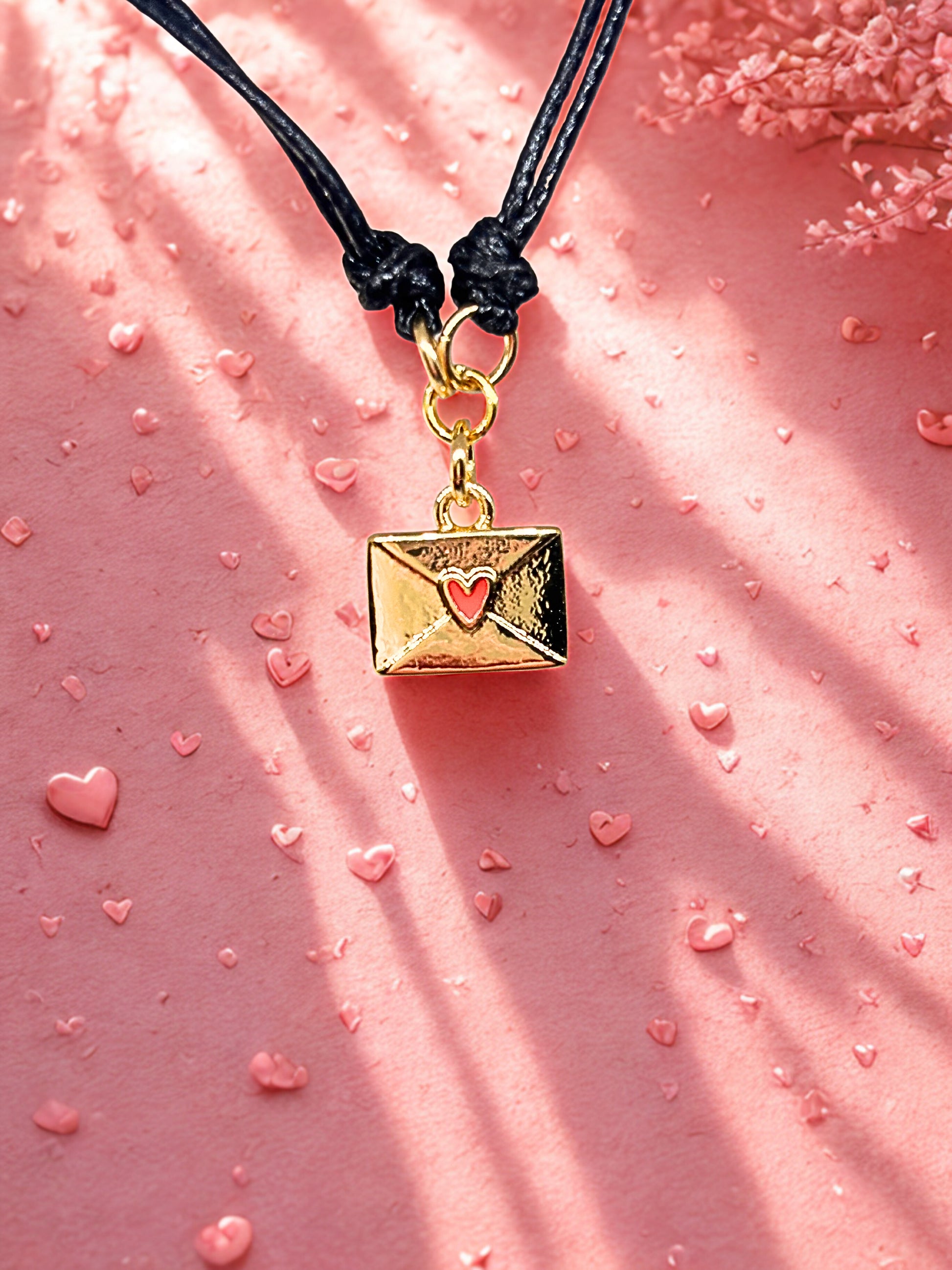 Gold envelope charm with heart on a black cord against a pink background with heart shapes.