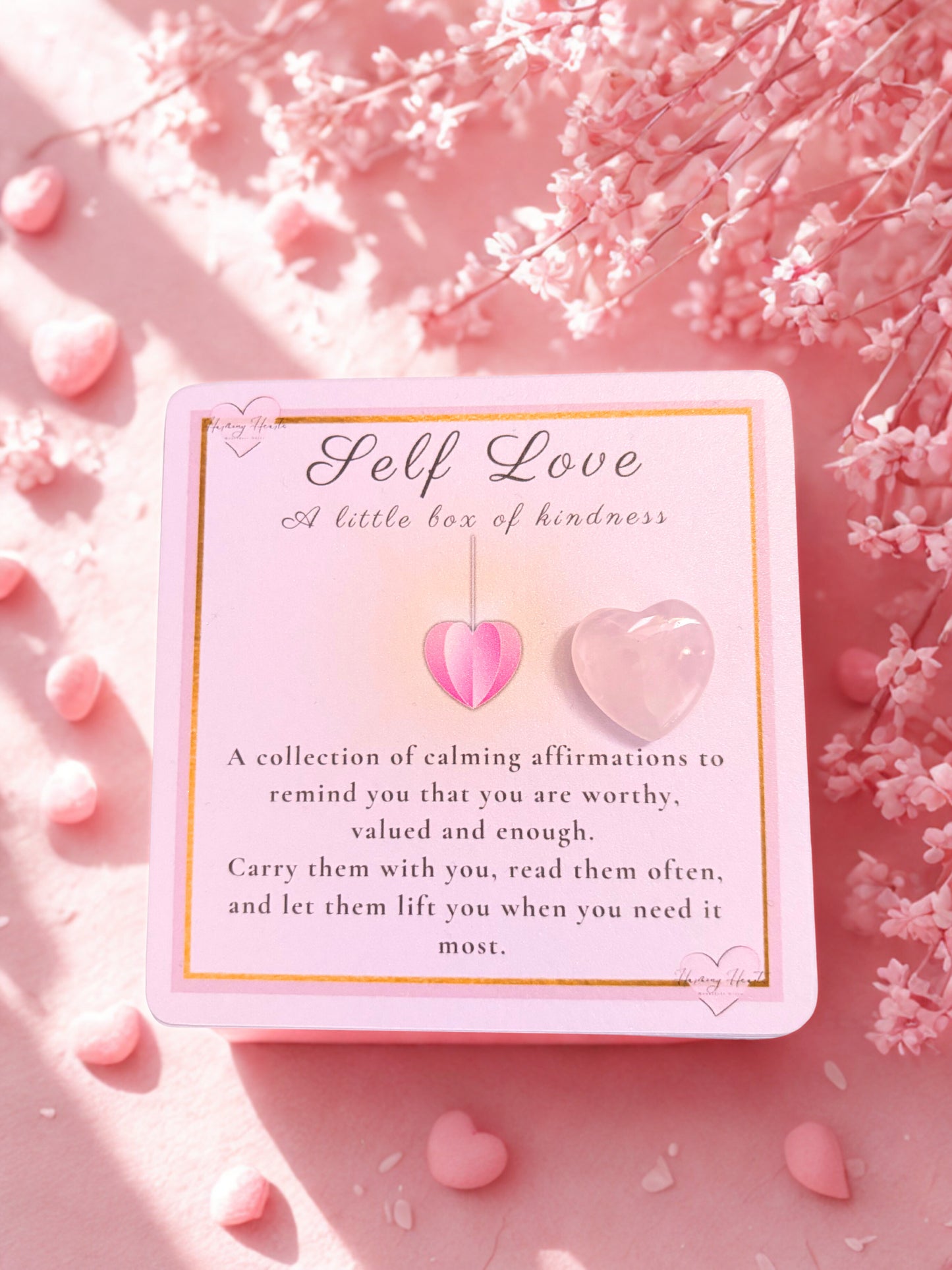 Card with 'Self Love' message on a pink floral background