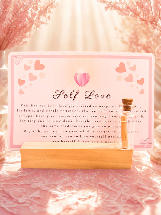 'Self Love' card with pink hearts and a message on a soft pink background