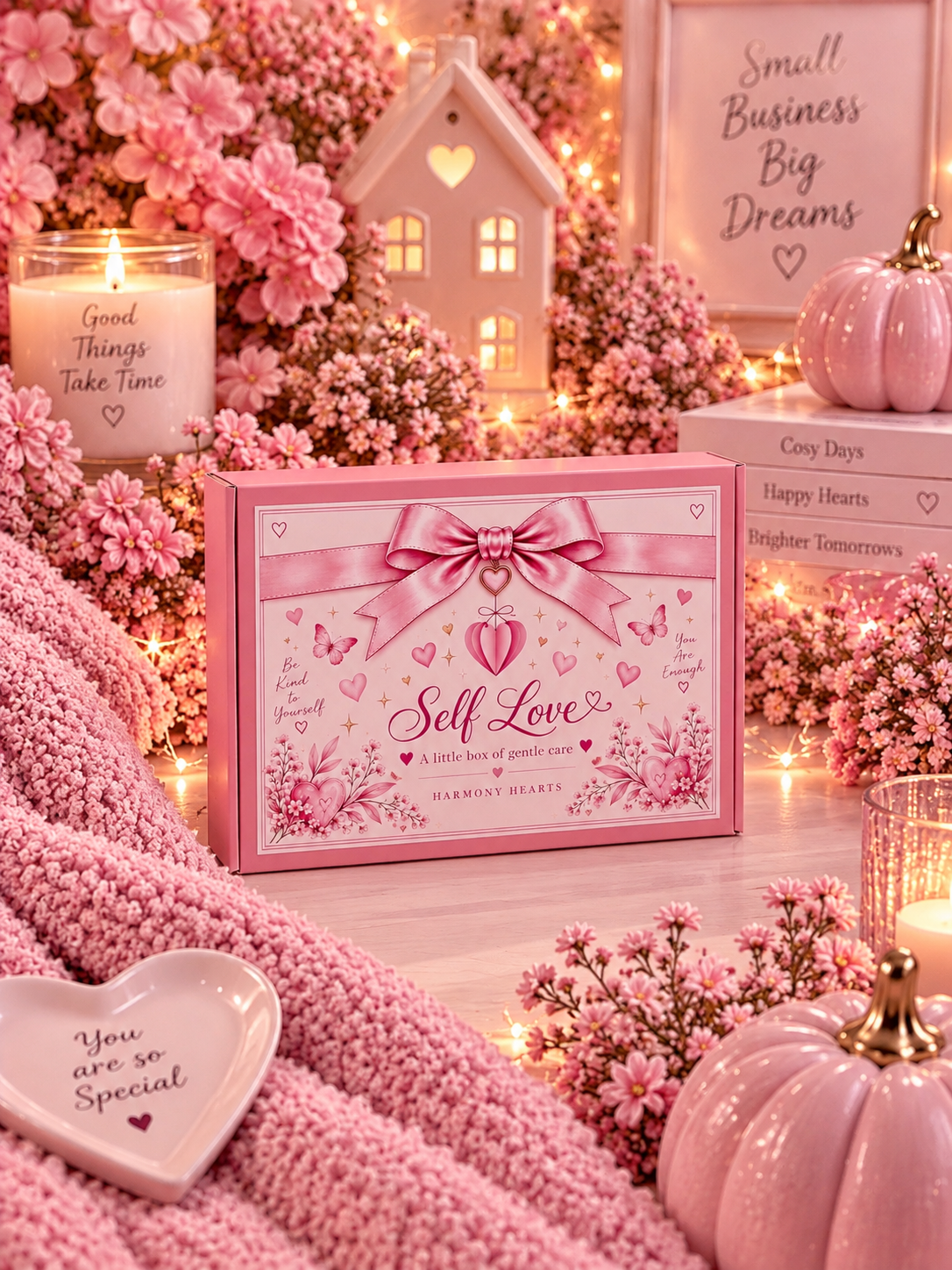 A pink floral gift box labeled 'Self Love' with a bow illustration sits on a cozy pink blanket surrounded by candles, flowers, string lights, and decorative pumpkins in a warm, romantic setting.