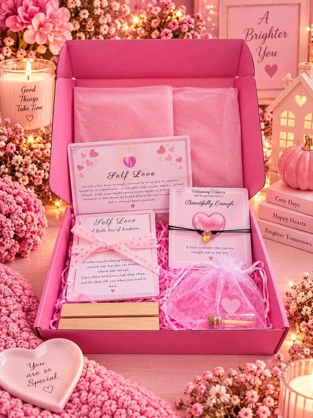 A pink gift box filled with self-care and affirmation items, including cards, a bracelet, a small pink heart crystal styled with pink flowers, candles, and cozy decor.
