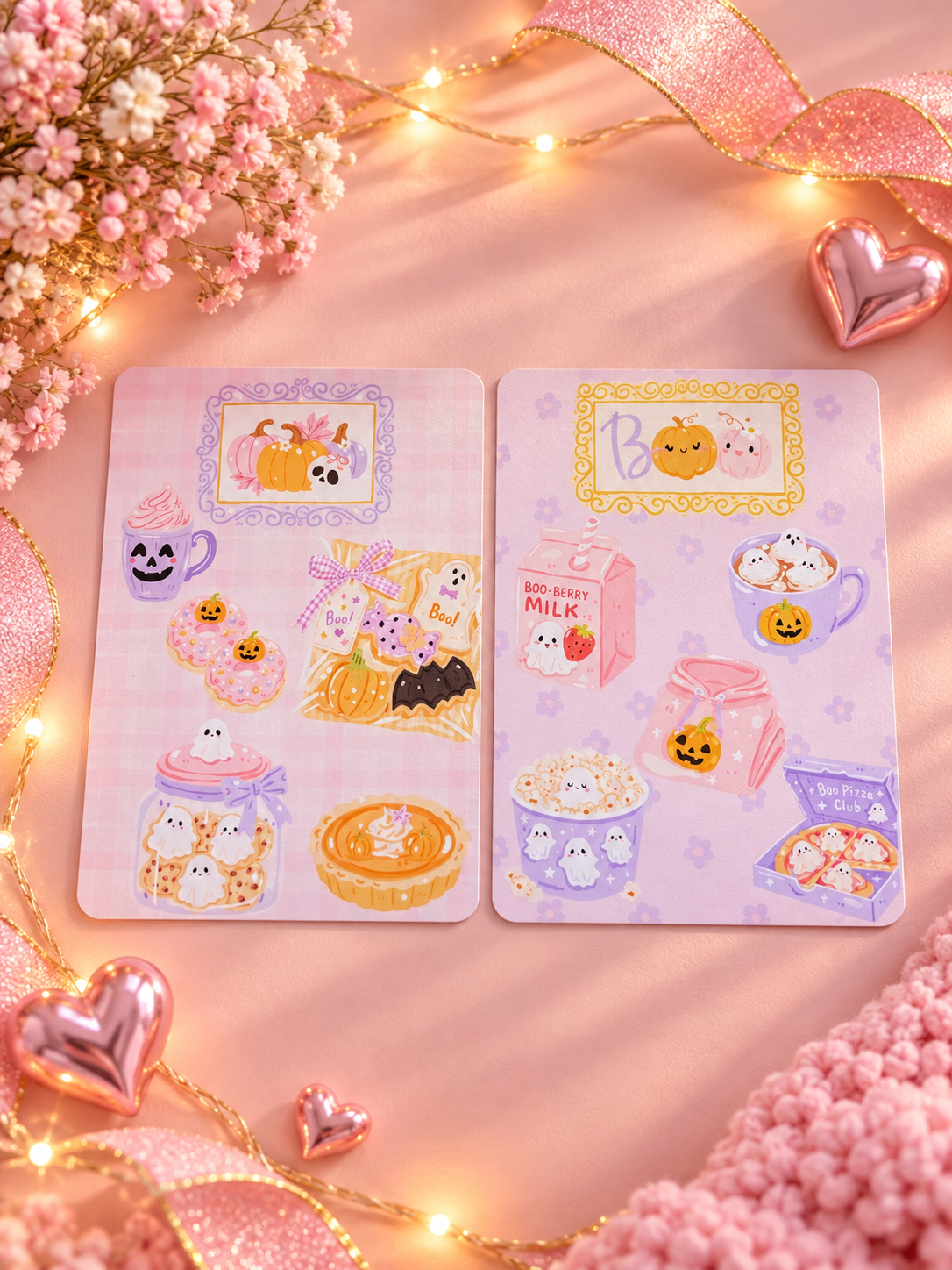 Two decorative kindle inserts with cute pastel illustrations of pumpkins, ghosts  and seasonal treats, styled on a pink surface with fairy lights, ribbon, flowers, and metallic heart decorations.