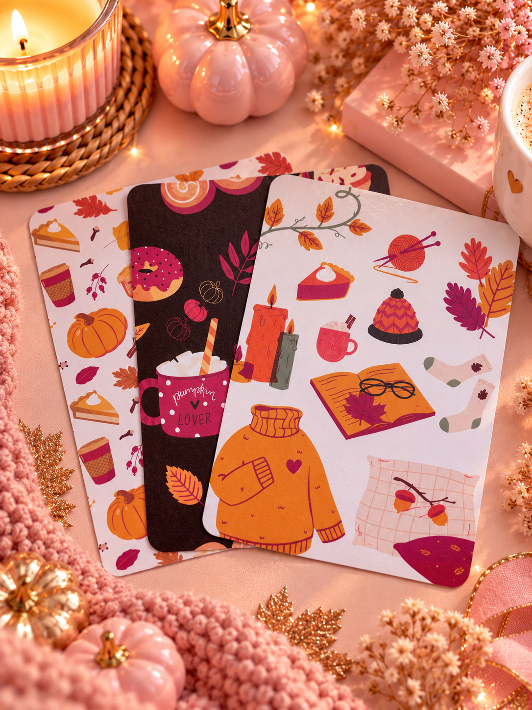 Three illustrated kindle sheets with autumn-themed designs, including pumpkins, leaves, sweaters, candles, and cozy objects, arranged on a pink surface with candles, dried flowers, and decorative props.