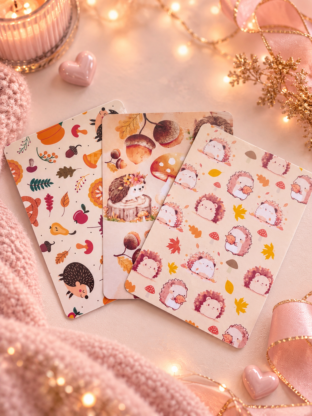 Three patterned kindle inserts with autumn and hedgehog illustrations are arranged on a soft pink surface with warm fairy lights, a candle, ribbon, and heart decorations.