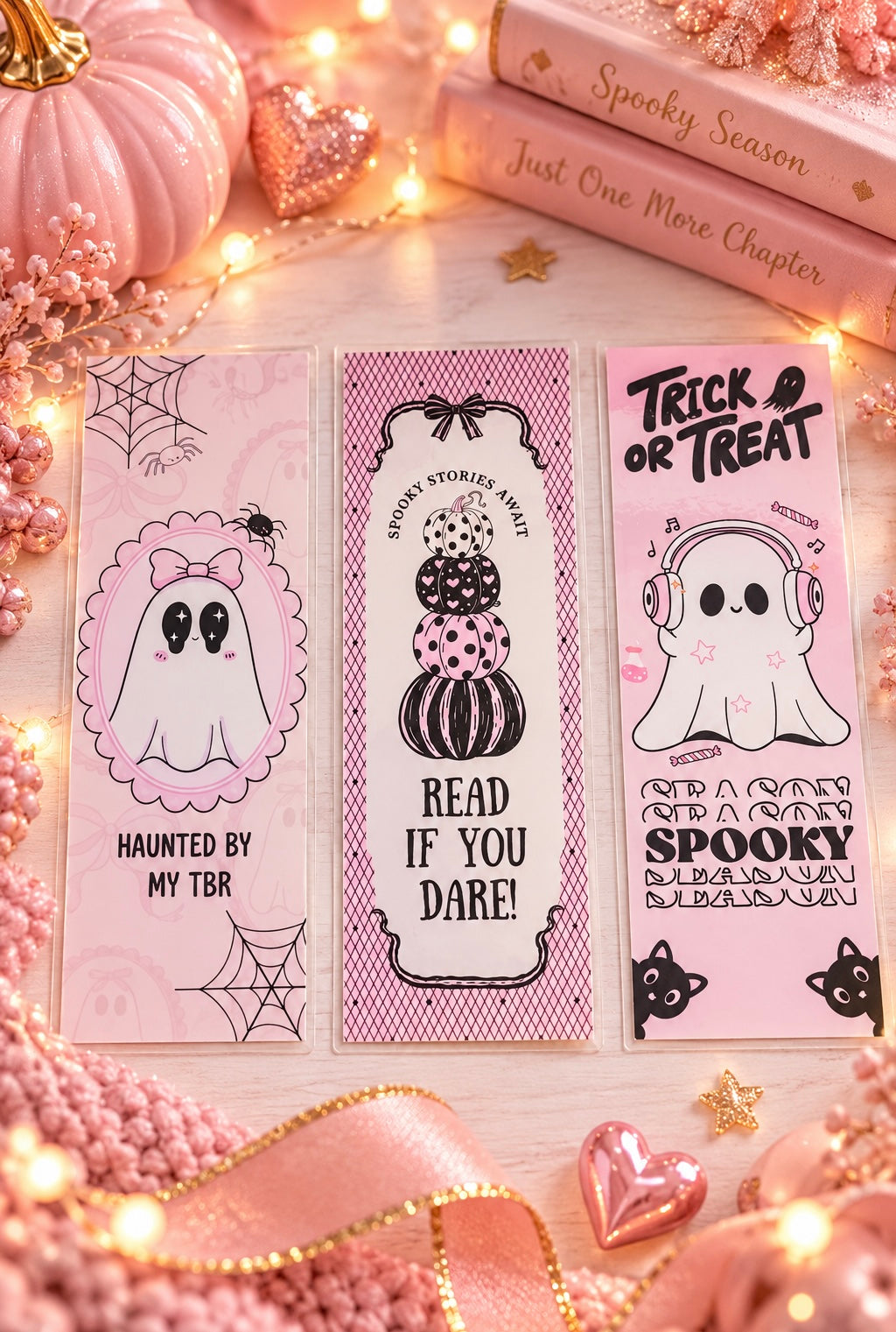 3 pink cute Halloween bookmarks with ghost illustrations laid in a pink surface 