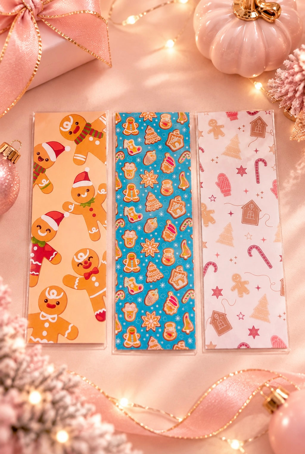Three rectangular holiday-themed bookmarks laid flat on a pink fabric surface with festive props. The left piece shows gingerbread men on a warm beige background, the middle piece has a blue background with gingerbread cookies and ornaments, and the right piece is white with pink candy canes, stars, and gingerbread houses.
