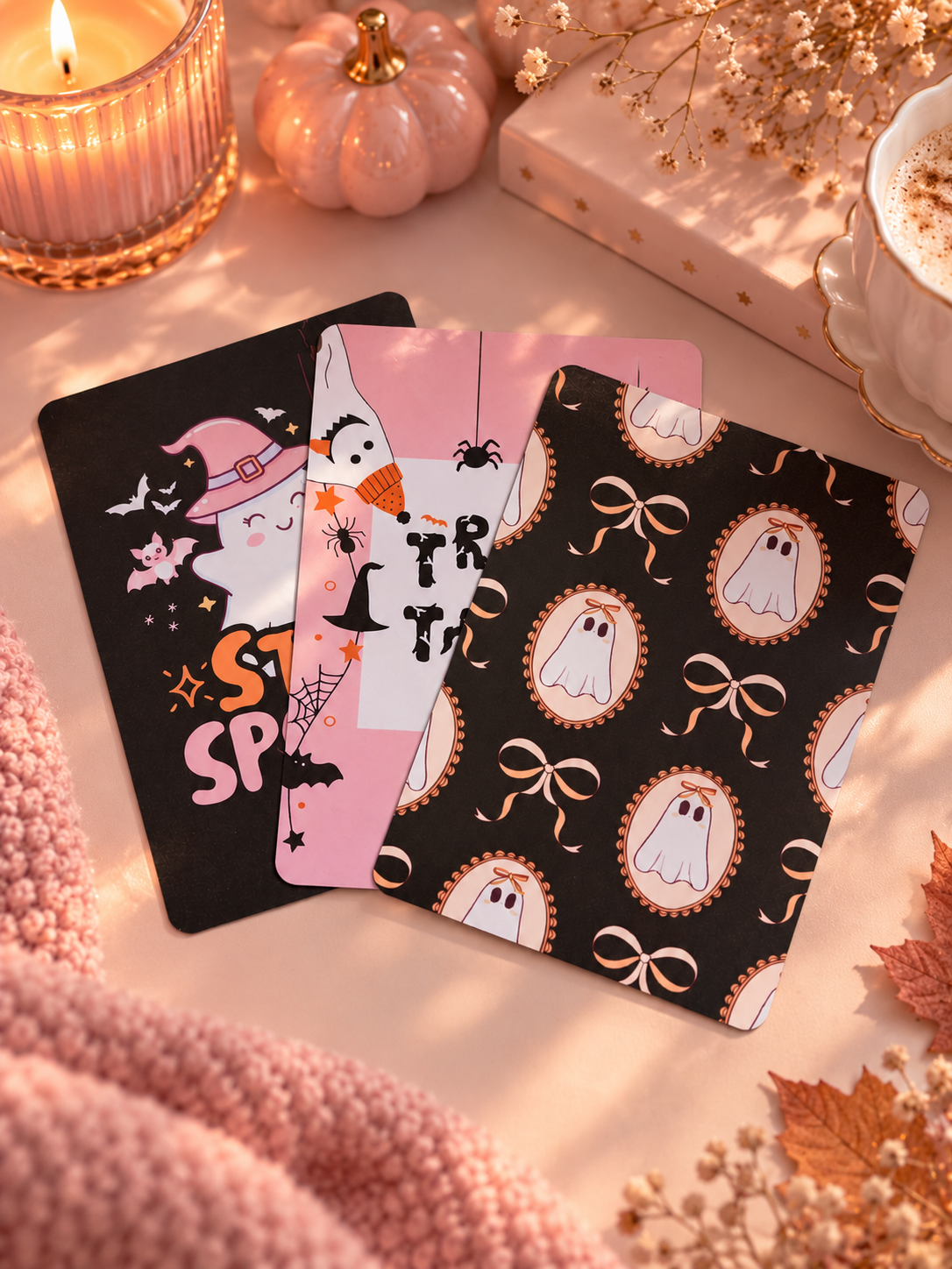 Three Halloween-themed kindle inserts are arranged on a styled tabletop with a lit candle, small pumpkins, a pink blanket, and dried flowers. The cards feature spooky designs: one black with a witch and cat, one pink with a ghost and spider, and one black with white ghosts in oval frames.