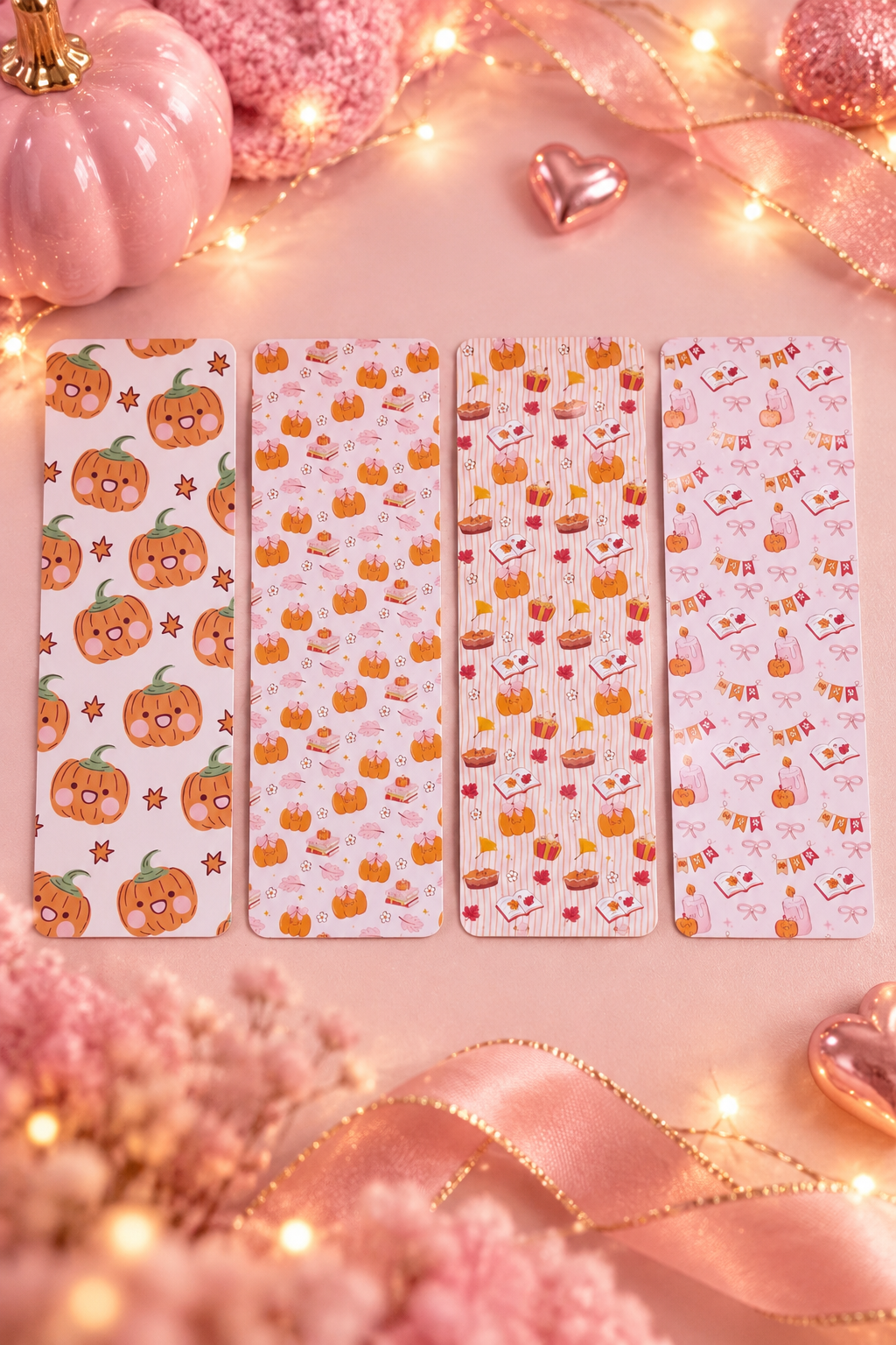 Four rectangular bookmarks with cute pumpkin patterns in orange, yellow, and red, arranged on a pink background decorated with fairy lights, a pink pumpkin, and a pink ribbon.