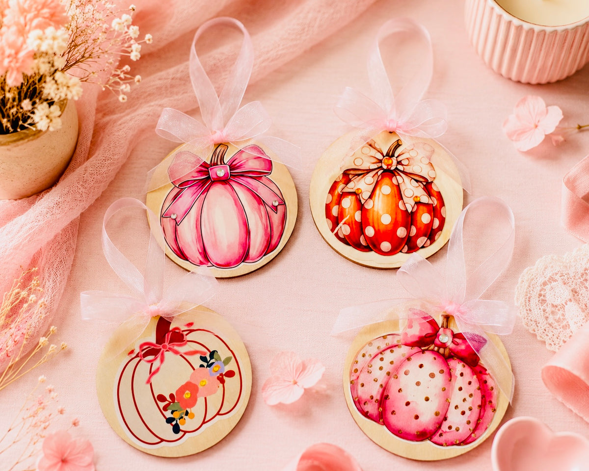 Four round wooden autumn pumpkin ornaments with hanging ribbons, decorated with pink, orange, and red painted pumpkins, arranged on a pink fabric background with dried flowers and pink petals.