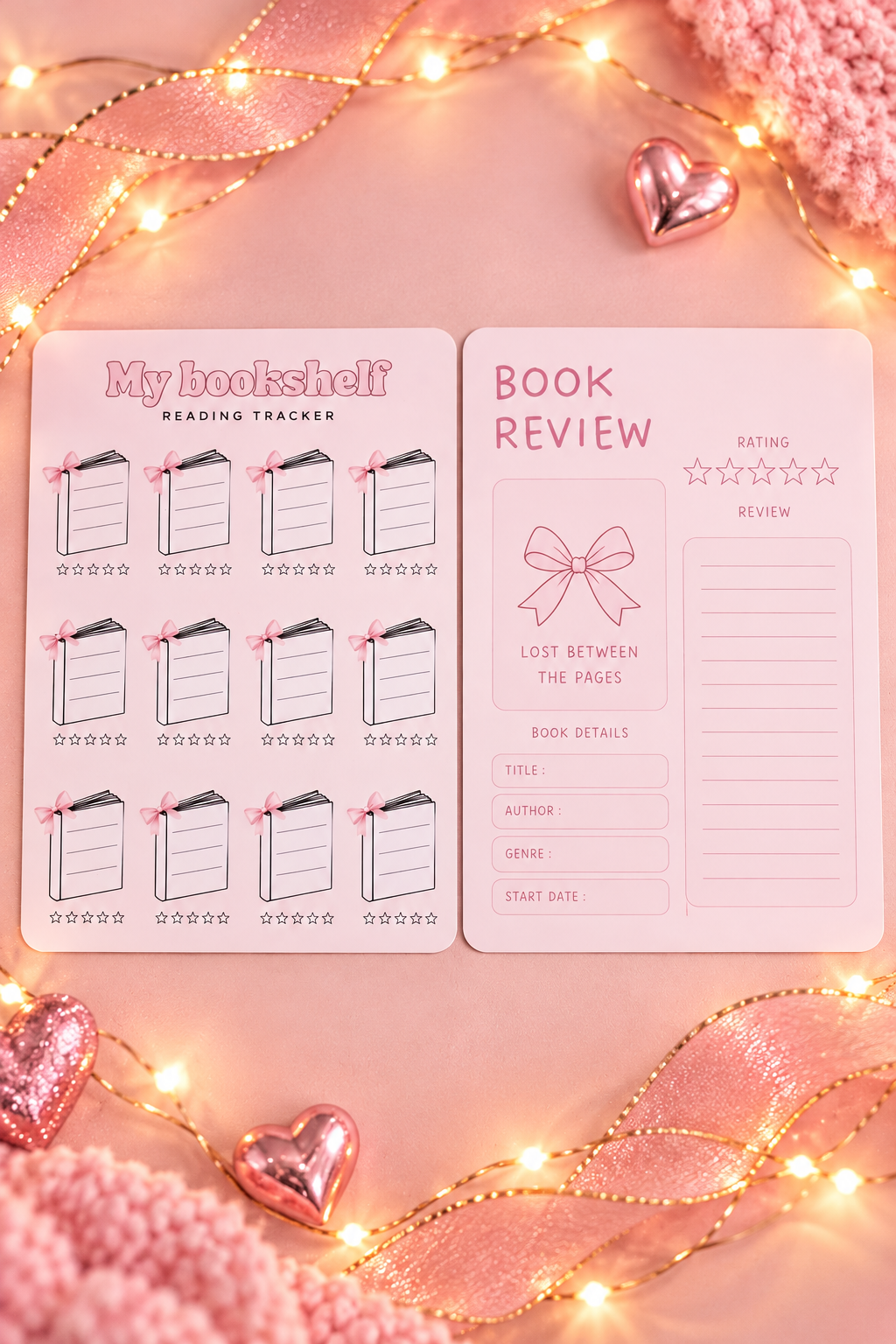 Set of two pink Book Review and Reading Tracker Sheets, on a pastel pink background with fairy lights and ribbon