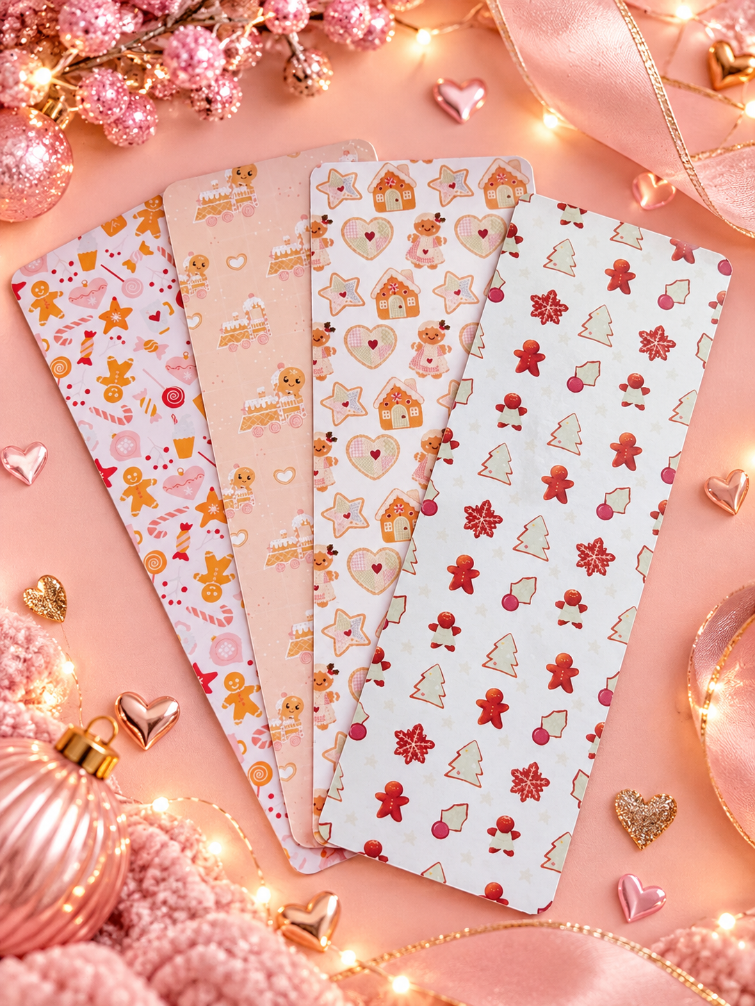 Four rectangular bookmarks with festive gingerbread Christmas patterns are arranged in a fan shape on a pink background decorated with lights, ornaments, ribbon, and gold heart accents. The patterns include gingerbread cookies, hearts, stars, and small holiday motifs in pink, peach, red, and cream tones.