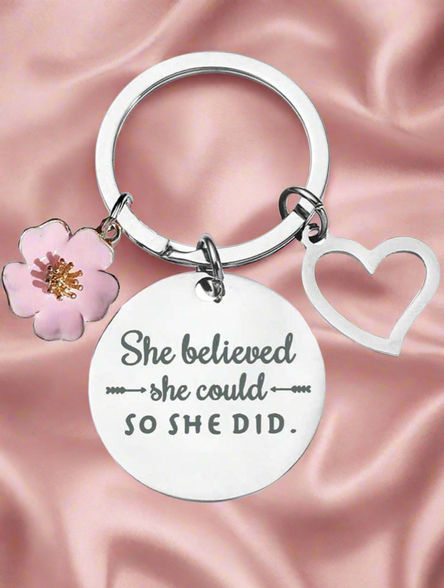 “She Believed She Could, So She Did” Inspirational Keyring with Flower & Heart Charm – Empowerment Gift for Women

