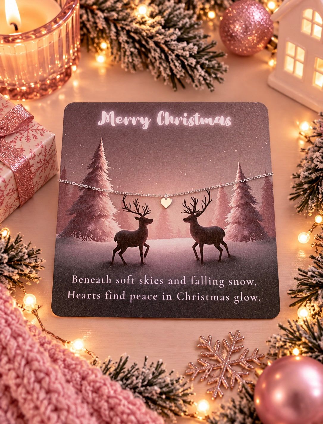 A Christmas-themed card featuring a silver heart bracelet with two deer silhouettes and winter trees, surrounded by holiday decorations including lights, pine branches, ornaments, and a candle.