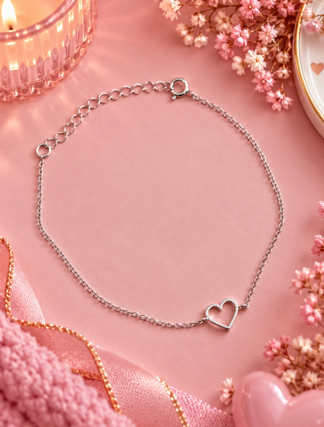 A delicate silver chain bracelet with a small open heart charm, styled on a pink background with dried flowers, a pink candle, and pink ribbon.