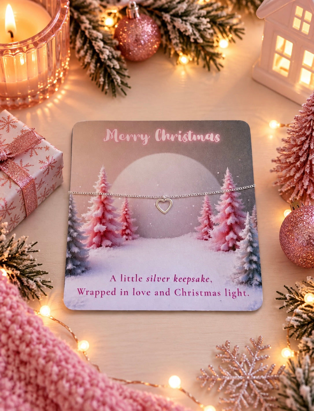 A delicate silver heart bracelet displayed on a Christmas-themed gift card, surrounded by festive holiday decorations including pine branches, warm string lights, a candle, and wrapped presents.