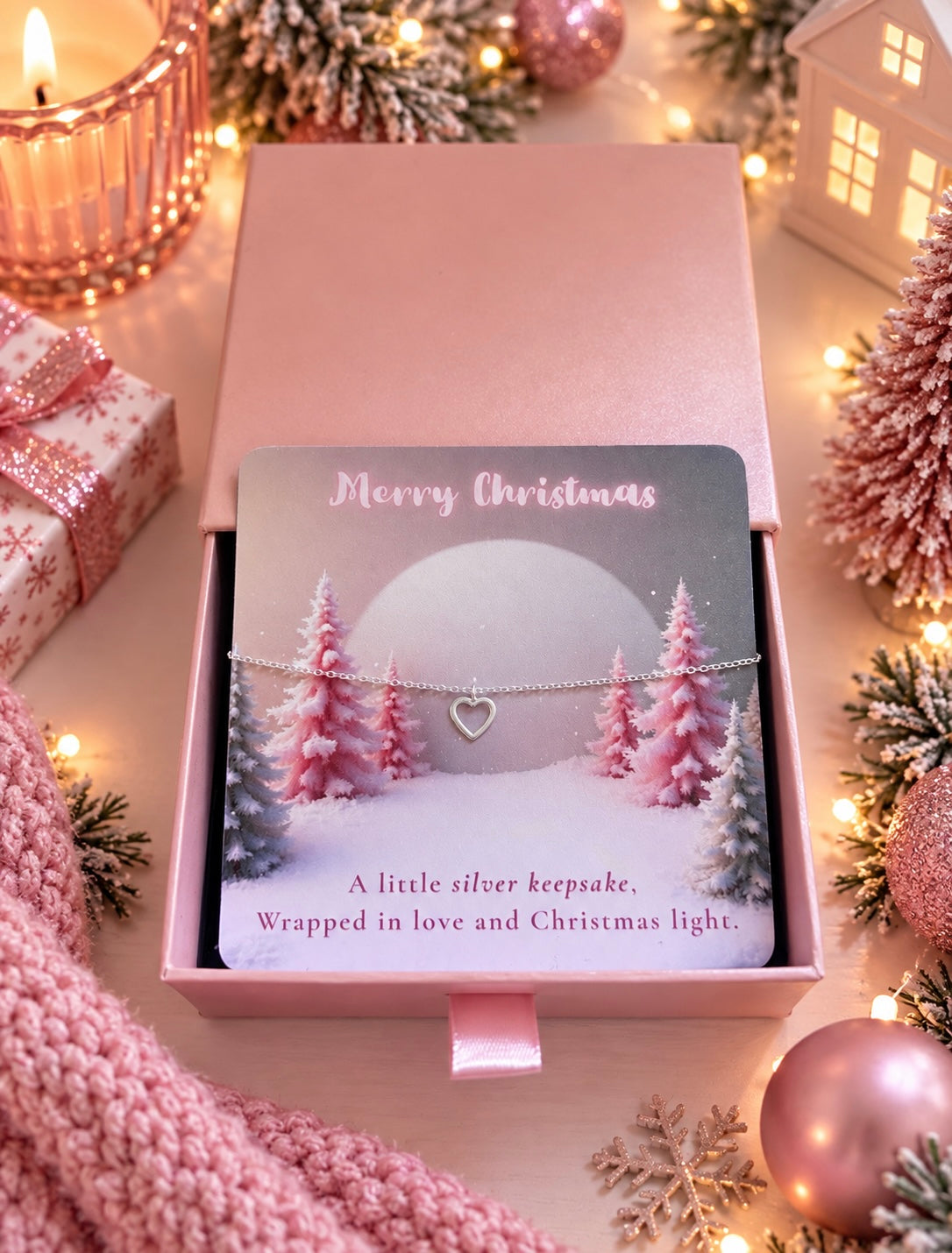 A silver keepsake bracelet with a heart charm is displayed on a printed gift card inside a pink box, surrounded by festive Christmas decorations including lights, ornaments, and a pink knit scarf.